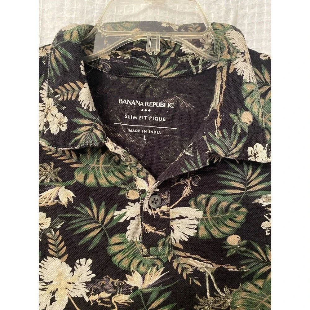 Banana Republic Mens Pique Polo Shirt M Black Tropical Floral Hibiscus Cotton